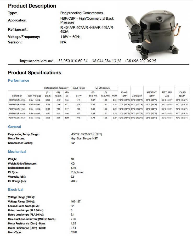 texnicheskaya informaciya kompressora Tecumseh AE4430Z