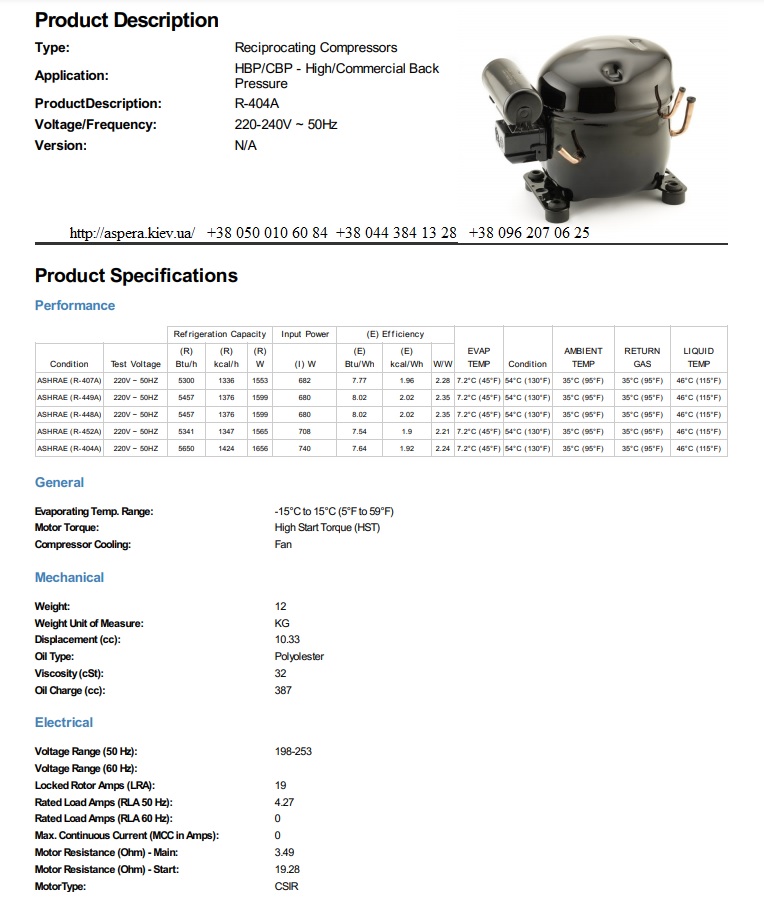 texnicheskaya informaciya kompressora Tecumseh AE4460Z