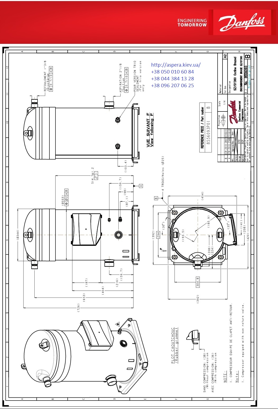 Чертеж компрессора Danfoss Performer SZ380 A4PBI A4PBA A4CAI