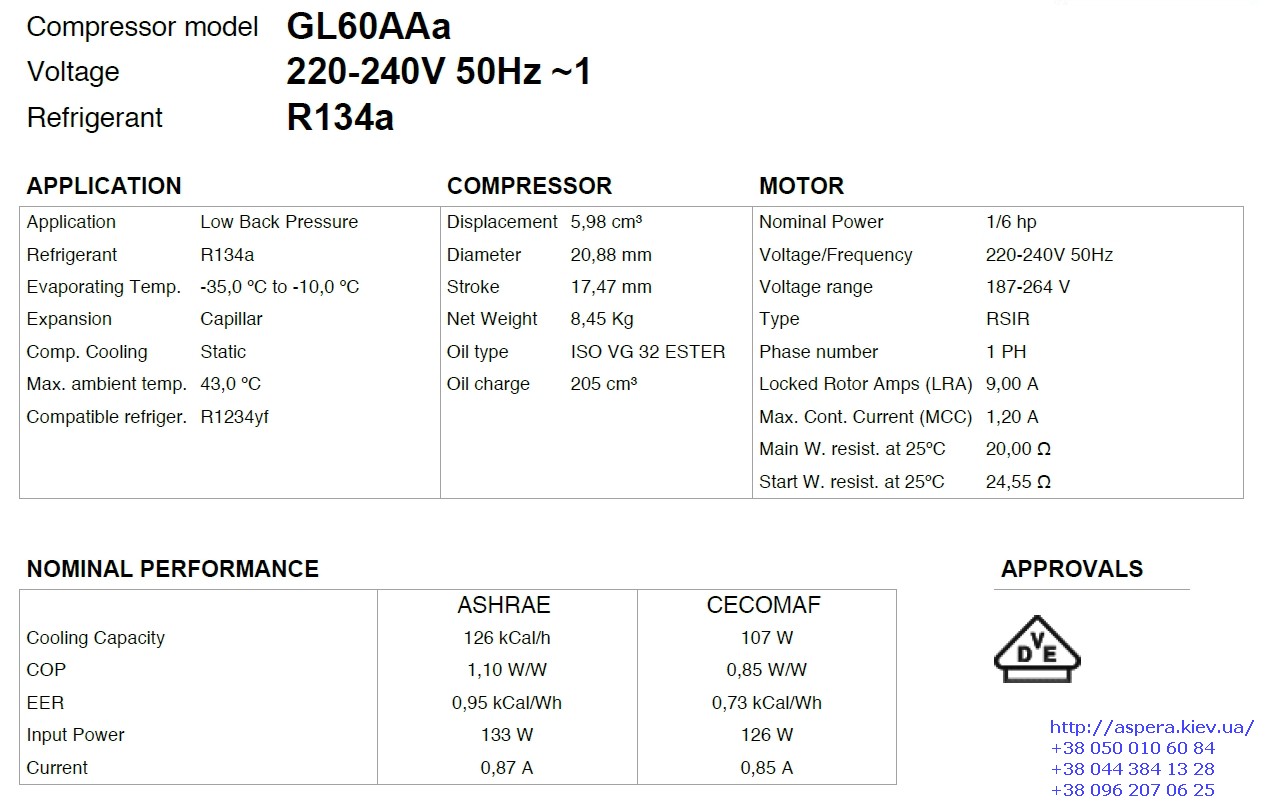 texnicheskaya informaciya kompressora GL60AA Cubigel Electrolux ACC
