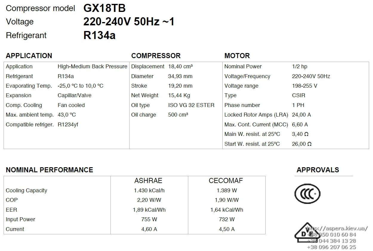 texnicheskaya informaciya kompressora GX18TB