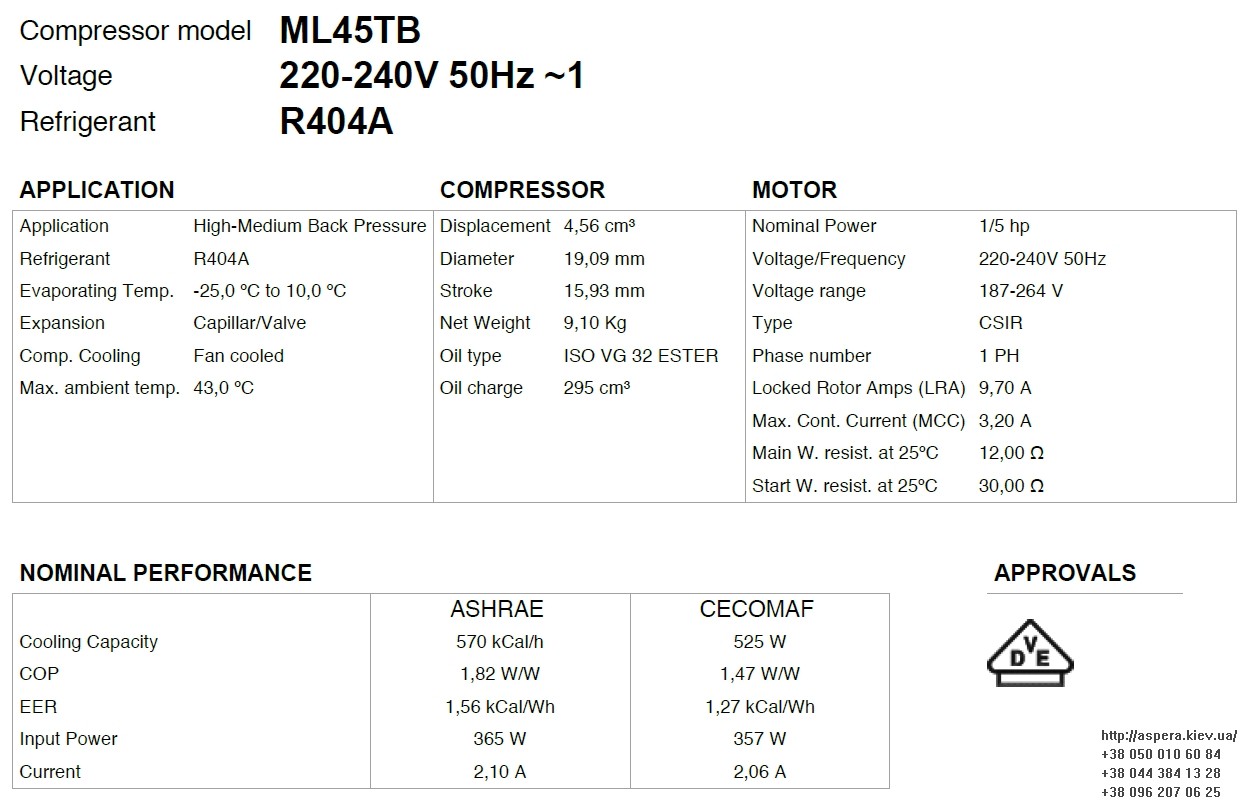 texnicheskaya informaciya kompressora ML45TB