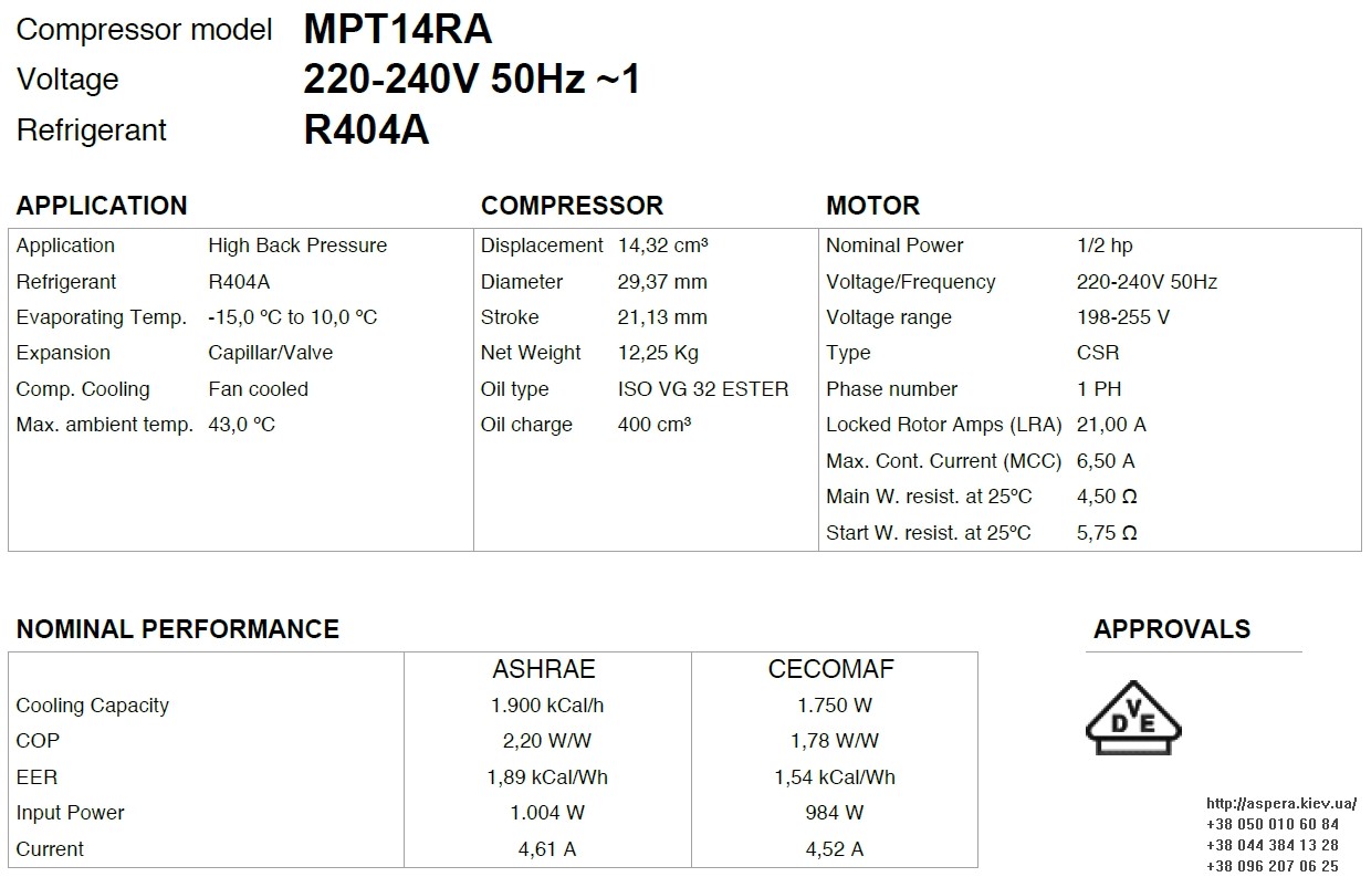 texnicheskaya informaciya kompressora MPT14RA