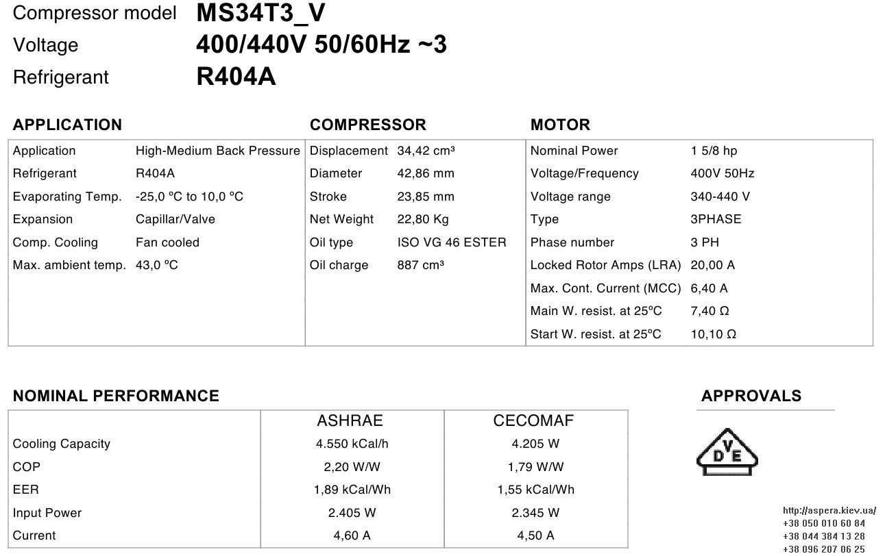 texnicheskaya informaciya kompressora MS34T3 V