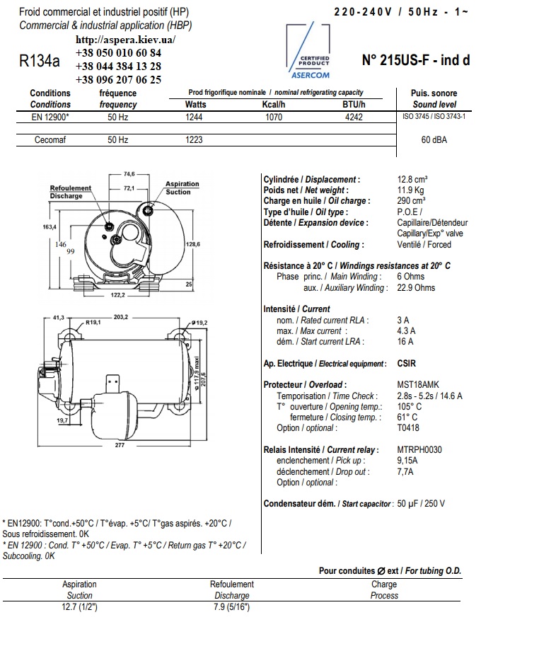 texnicheskaya informaciya kompressora Tecumseh HGA4460Y